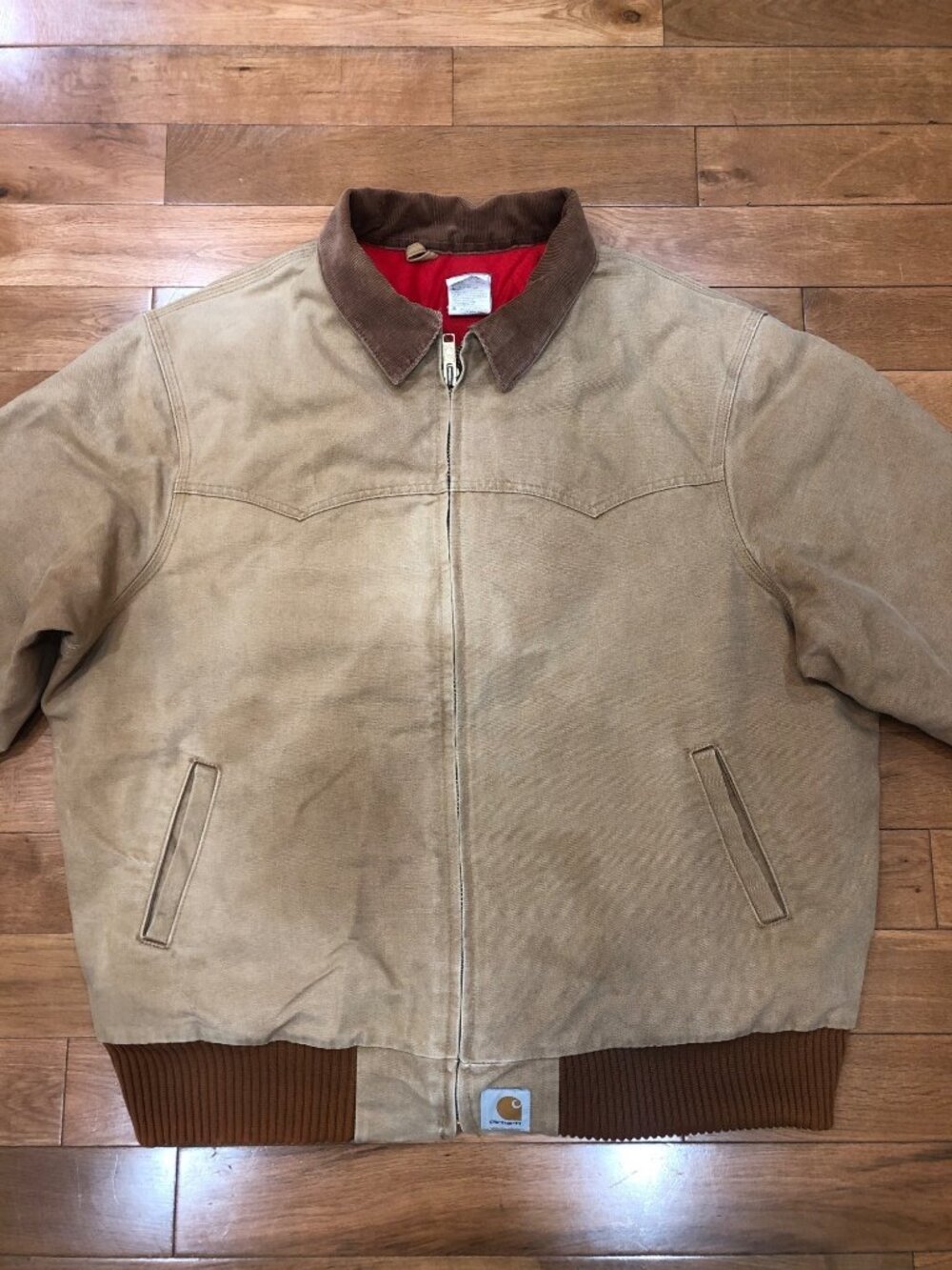VTG Carhartt J13 Made USA Brown Duck Canvas Jacket Red Quilt Lined Size XL
